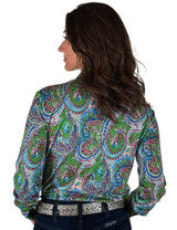 Pullover Button Up (Colorful Paisley With Green Metallic Accents Lightweight Stretch Jersey)