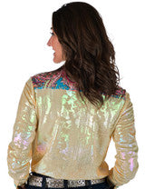 Pullover Button Up (Yellow Foil Metallic With Colorful Paisley Accents Lightweight Stretch Jersey) by Cowgirl Tuff