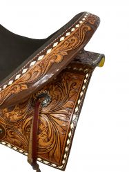 Double T Roughout Barrel Saddle With Floral Tooling and White Buckstitching