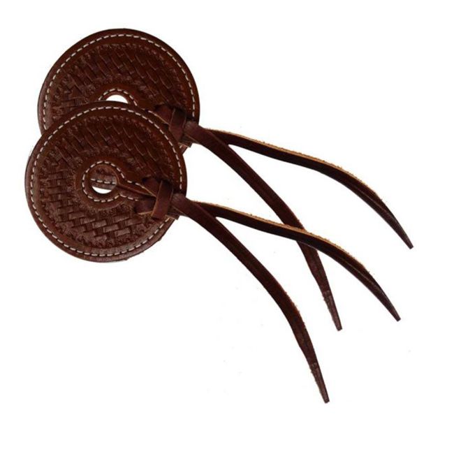 Basket tooled 3" wide leather bit guard with leather strap closure