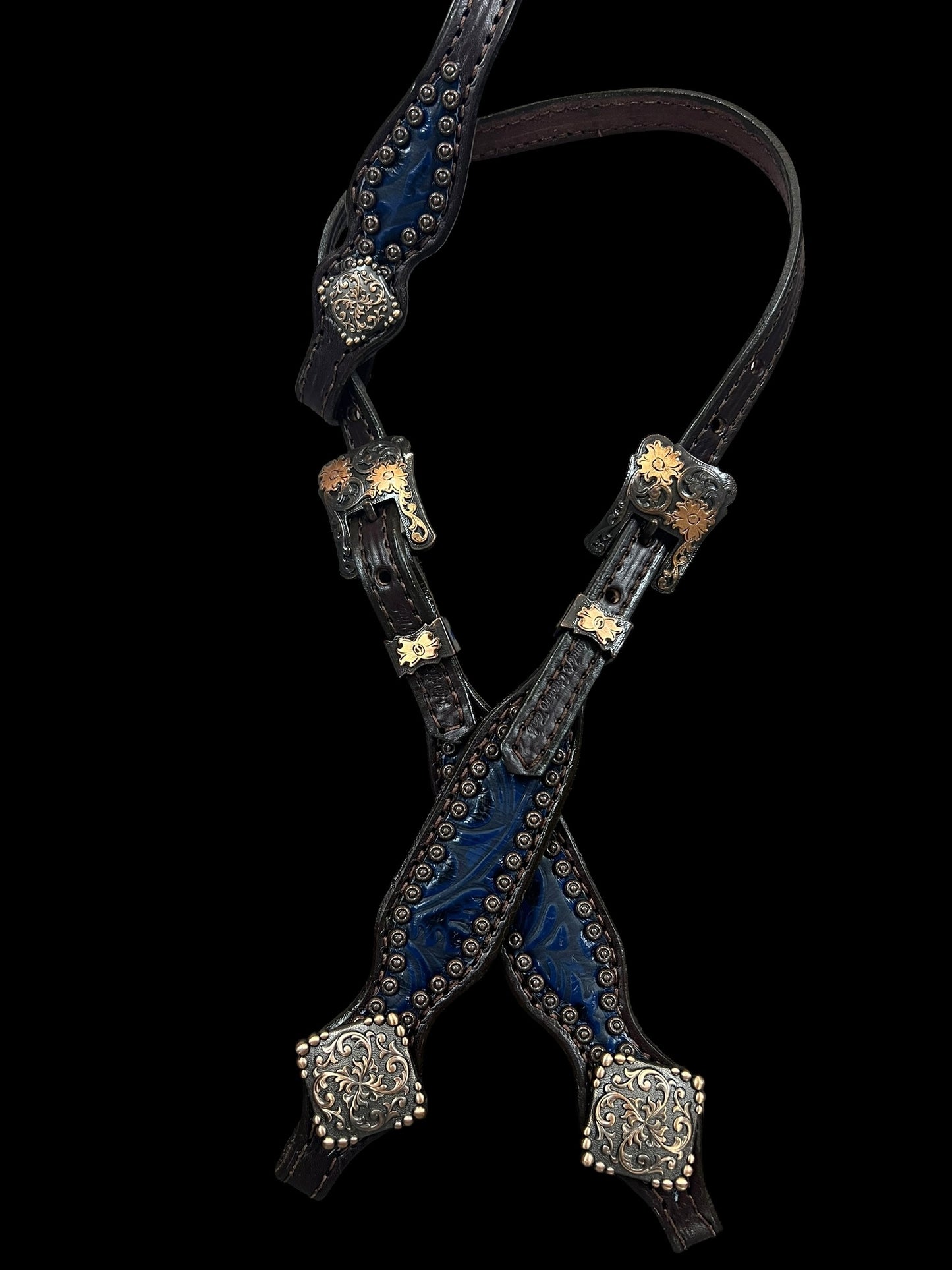 Navy floral on dark leather