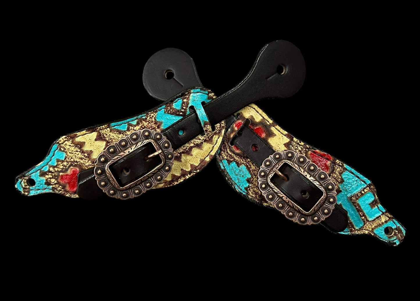Tan, red, and turquoise Taos on dark leather