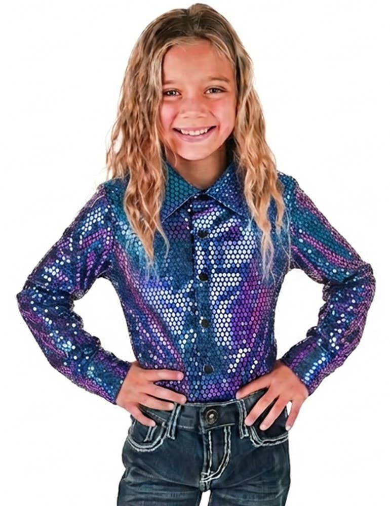 Girl's Purple & Teal Foil Metallic Pullover Button Up