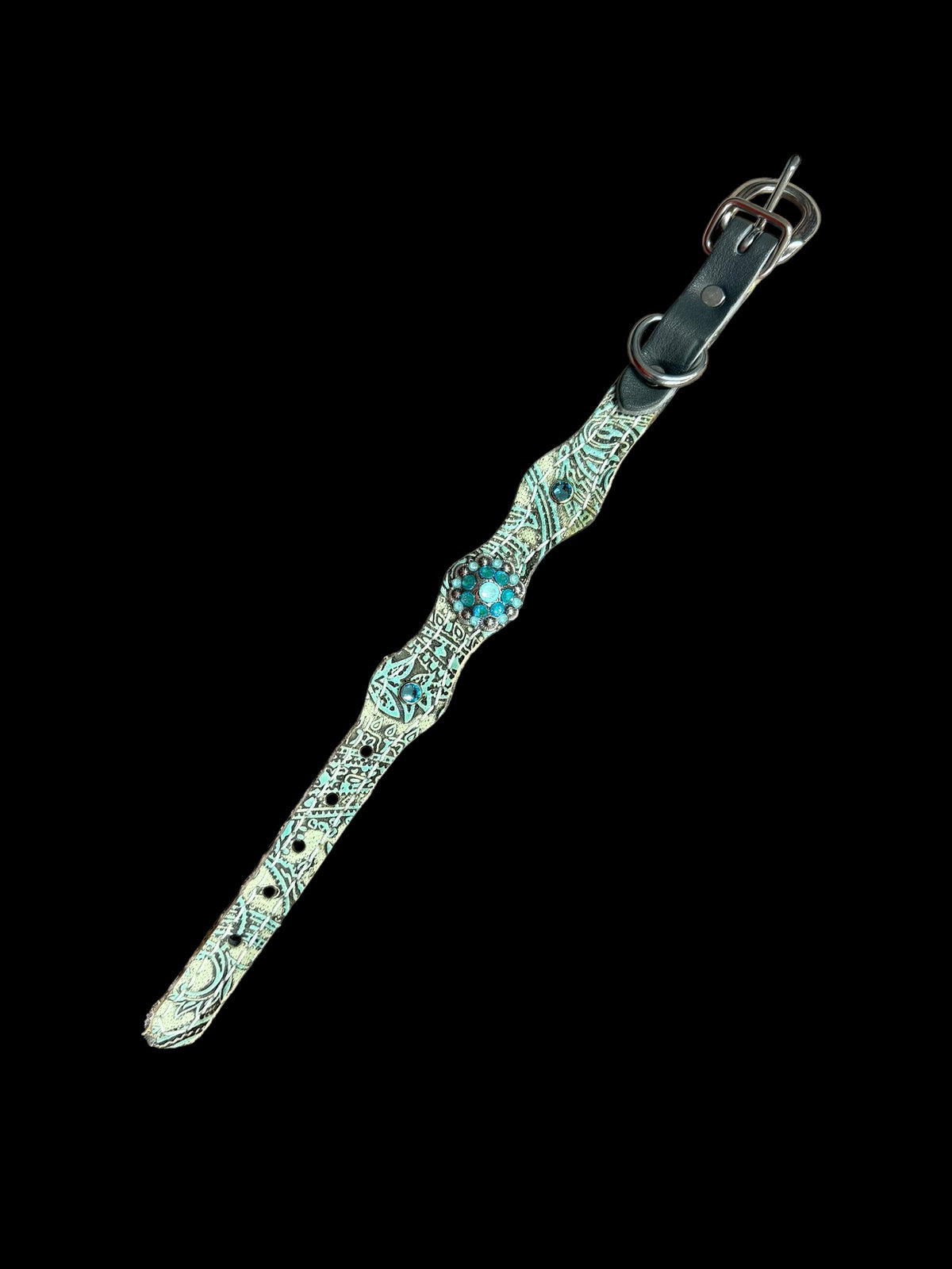 Turquoise and mint paisley on dark leather