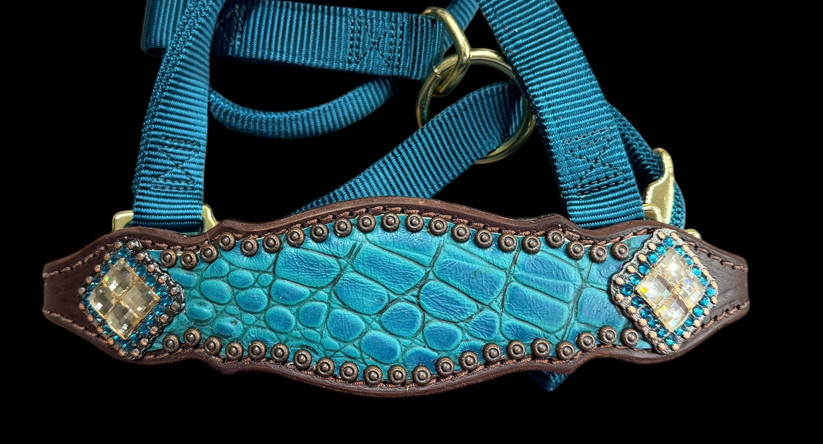 Teal gator on dark leather