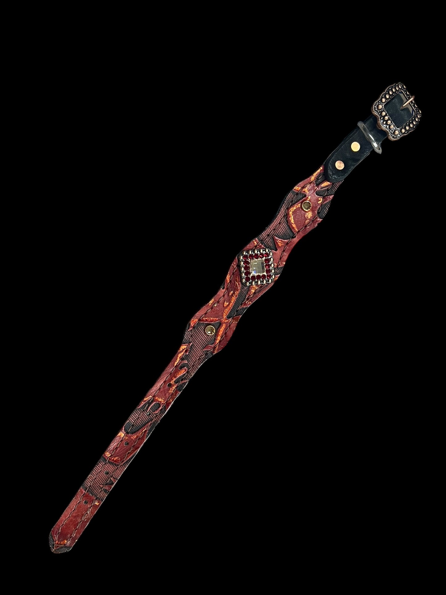 Red and copper Laredo on dark leather