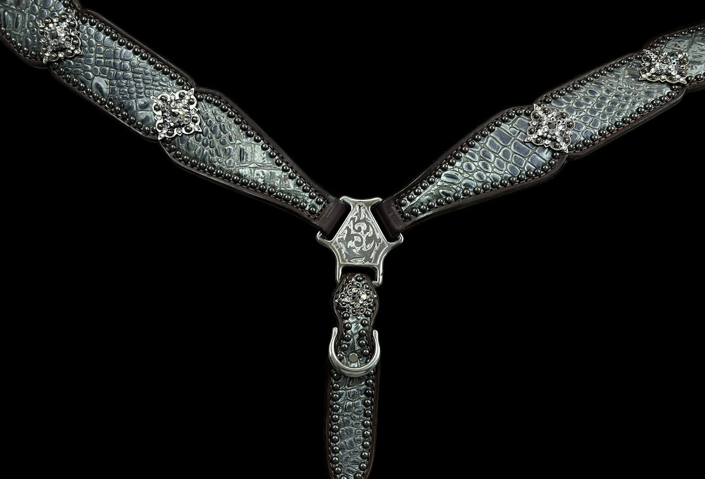 Grey gator on chocolate leather