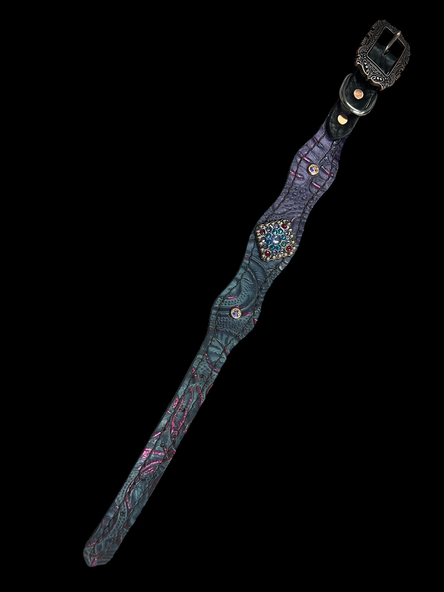 Purple and teal with pink gator and floral on dark leather