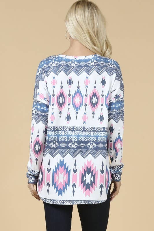 CHANTAL AZTEC PRINT CROSS V NECK TOP