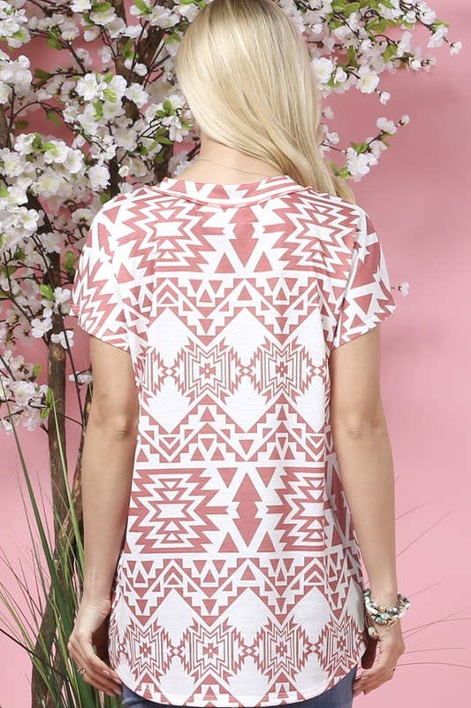 WILLA GEO PRINT BUTTON DOWN DETAIL V NECK KNIT TOP