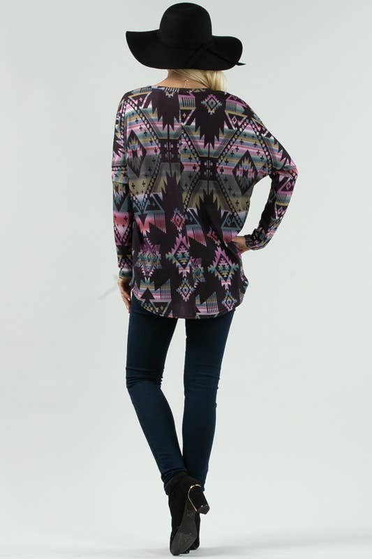 NIKKI GEO MULTI COLORED PRINT DOLMAN SLEEVE TOP: