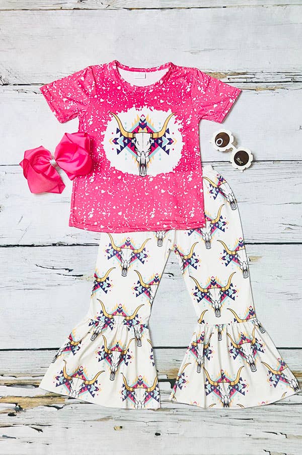 Bull print pink top & bell-bottom pant girls set