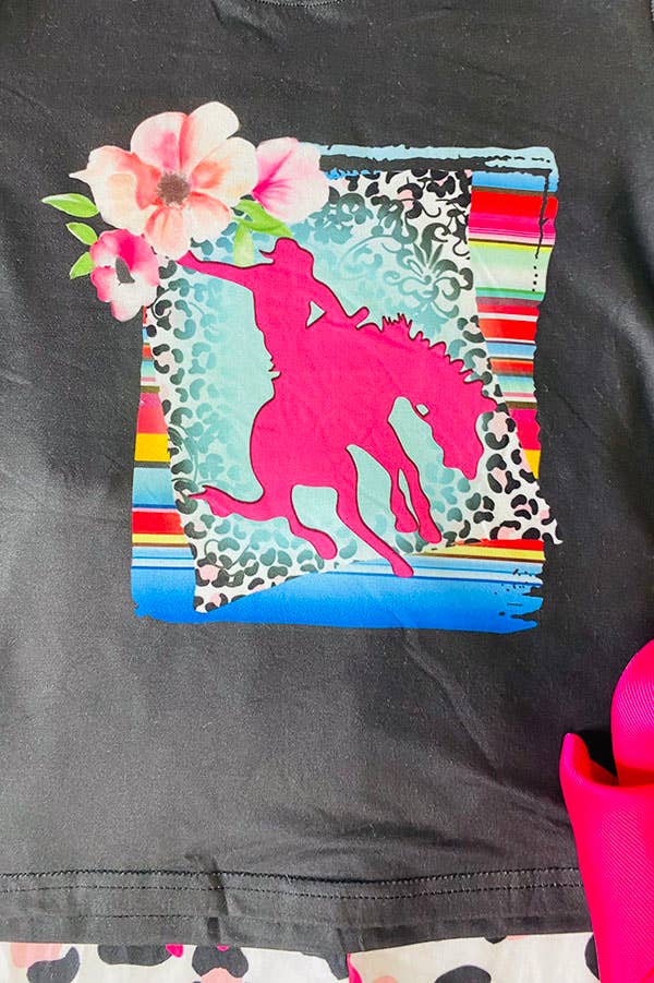 Riding horse black top leopard bell bottom girls set