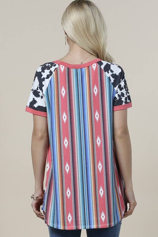 BECCA AZTEC/COW PRINT SHORT SLEEVE TOP