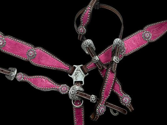 Pink Dallas Floral on walnut leather