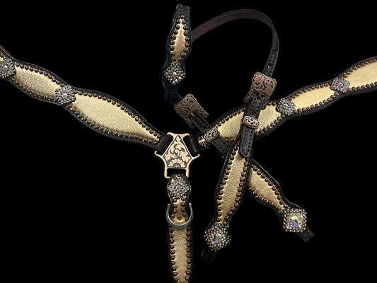 Rose gold on dark leather