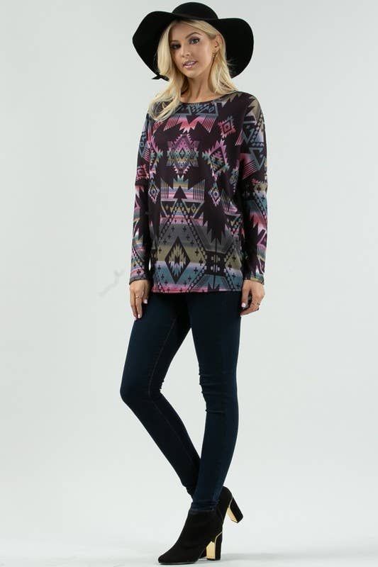 NIKKI GEO MULTI COLORED PRINT DOLMAN SLEEVE TOP: