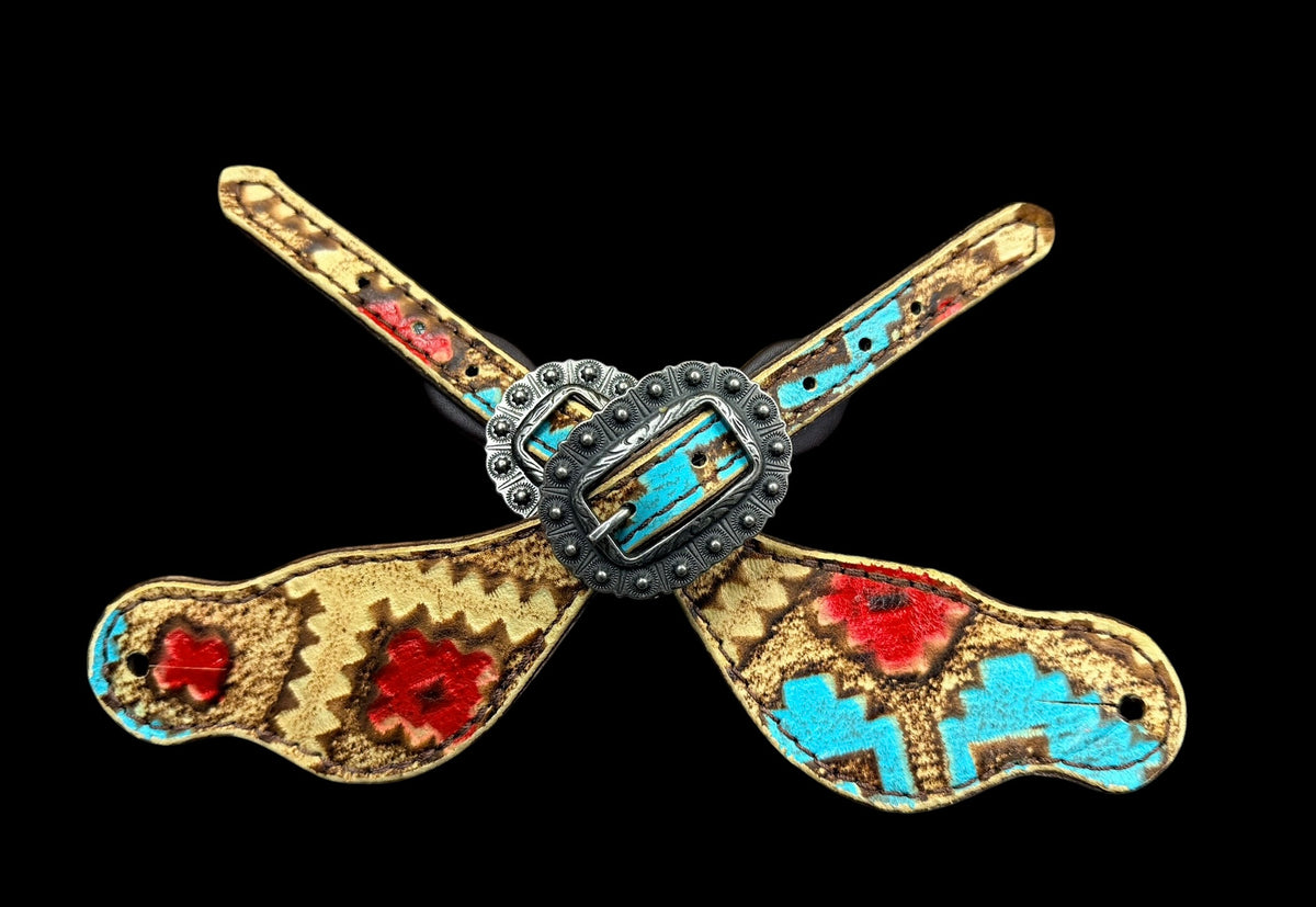 Tan, Red, and Turquoise Taos on dark leather