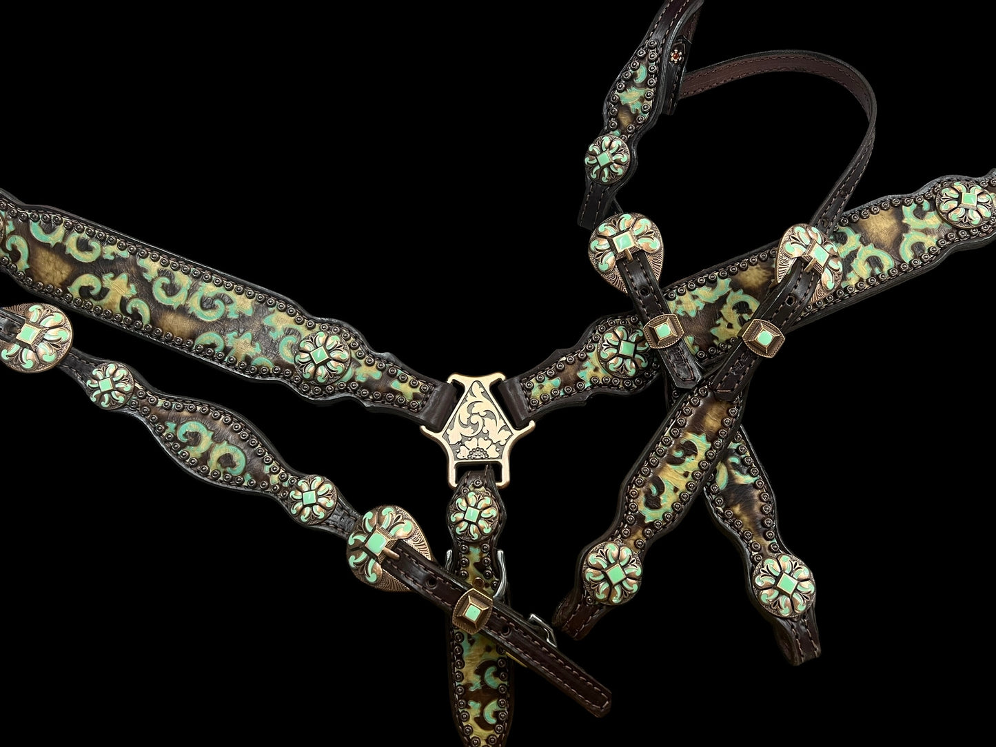 Brown and turquoise corona on dark leather