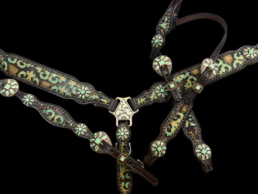 Brown and turquoise corona on dark leather