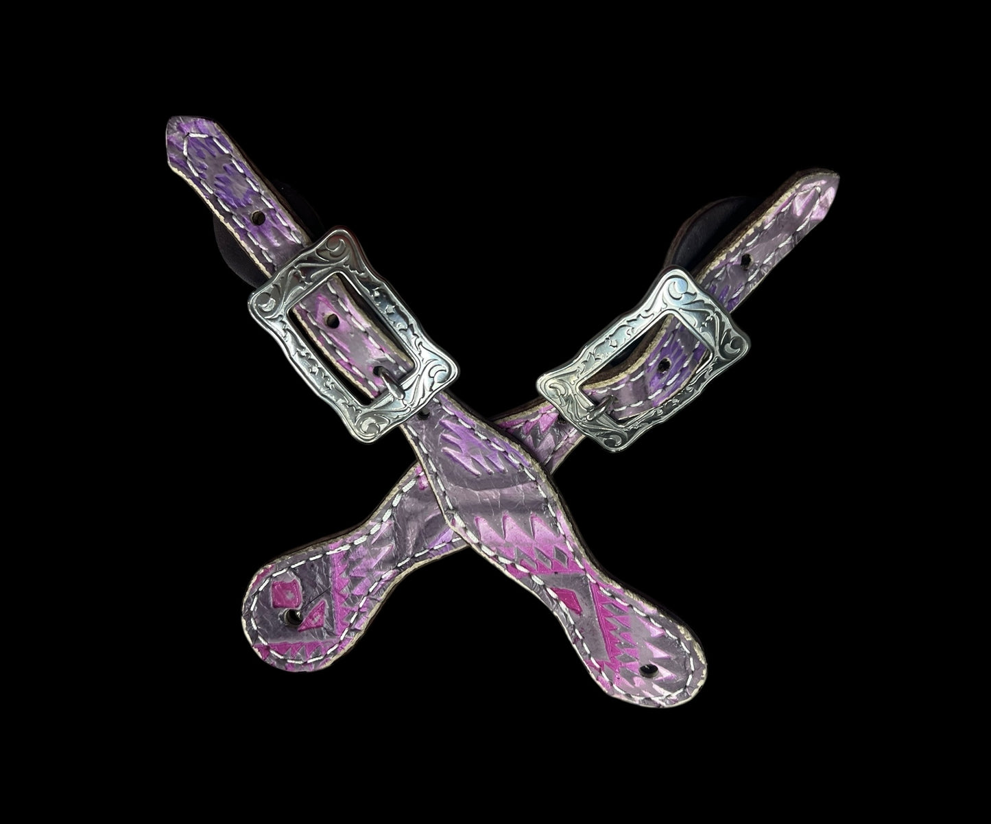 Light pink and purple Aztec on chocolate leather