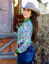 Pullover Button Up (Colorful Paisley With Green Metallic Accents Lightweight Stretch Jersey)