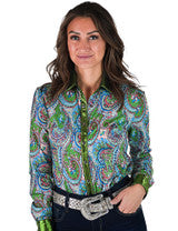 Pullover Button Up (Colorful Paisley With Green Metallic Accents Lightweight Stretch Jersey)