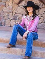 Pullover Button Up (Pink Metallic With Colorful Paisley Accents Lightweight Stretch Jersey) by Cowgirl Tuff