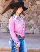 Pullover Button Up (Pink Metallic With Colorful Paisley Accents Lightweight Stretch Jersey) by Cowgirl Tuff