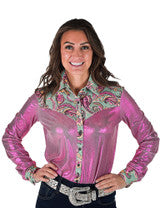 Pullover Button Up (Pink Metallic With Colorful Paisley Accents Lightweight Stretch Jersey) by Cowgirl Tuff