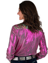 Pullover Button Up (Pink Metallic With Colorful Paisley Accents Lightweight Stretch Jersey) by Cowgirl Tuff