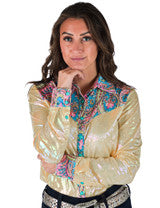 Pullover Button Up (Yellow Foil Metallic With Colorful Paisley Accents Lightweight Stretch Jersey) by Cowgirl Tuff