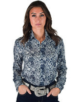 Pullover Button Up (Blue With White Lace Print Lightweight Stretch Jersey) by Cowgirl Tuff