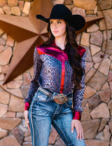 Pullover Button Up (Gray Leopard With Red Accent Lightweight Stretch Jersey) by Cowgirl Tuff