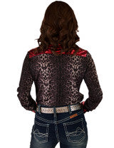 Pullover Button Up (Gray Leopard With Red Accent Lightweight Stretch Jersey) by Cowgirl Tuff