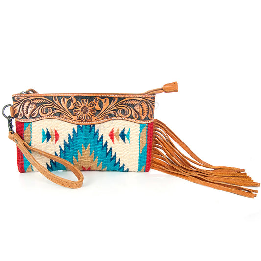ADBG344TANB American Darling Western Leather Wristlet Bag with Hand Tooled Floral Carving and Saddle Blanket