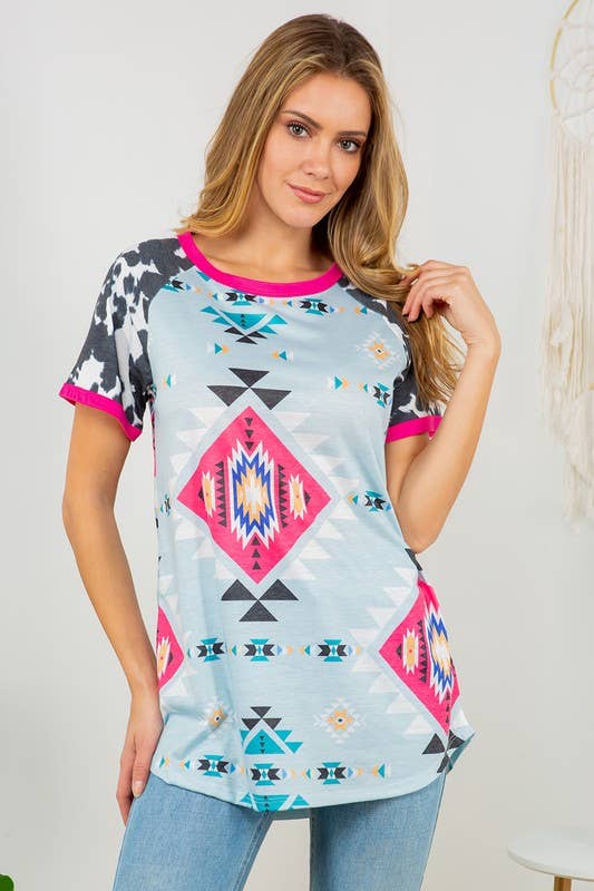 CINDY AZTEC-COW PRINT COLOR BLOCK SS TEE
