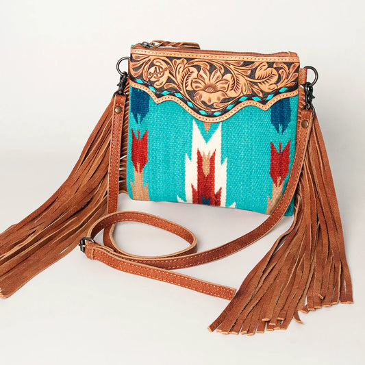 ADBG236O American Darling Handcrafted Western Cross body Bag with Woven Saddle Blanket and Fringes