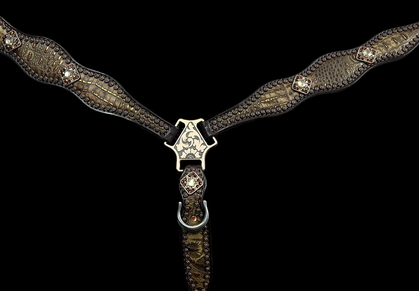 Copper gator on dark leather