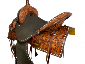 Double T Roughout Barrel Saddle With Floral Tooling and White Buckstitching