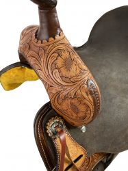 Double T Roughout Barrel Saddle With Floral Tooling and White Buckstitching