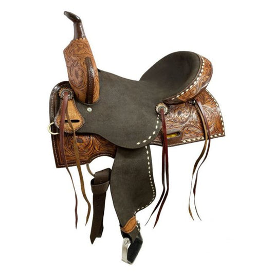 Double T Roughout Barrel Saddle With Floral Tooling and White Buckstitching