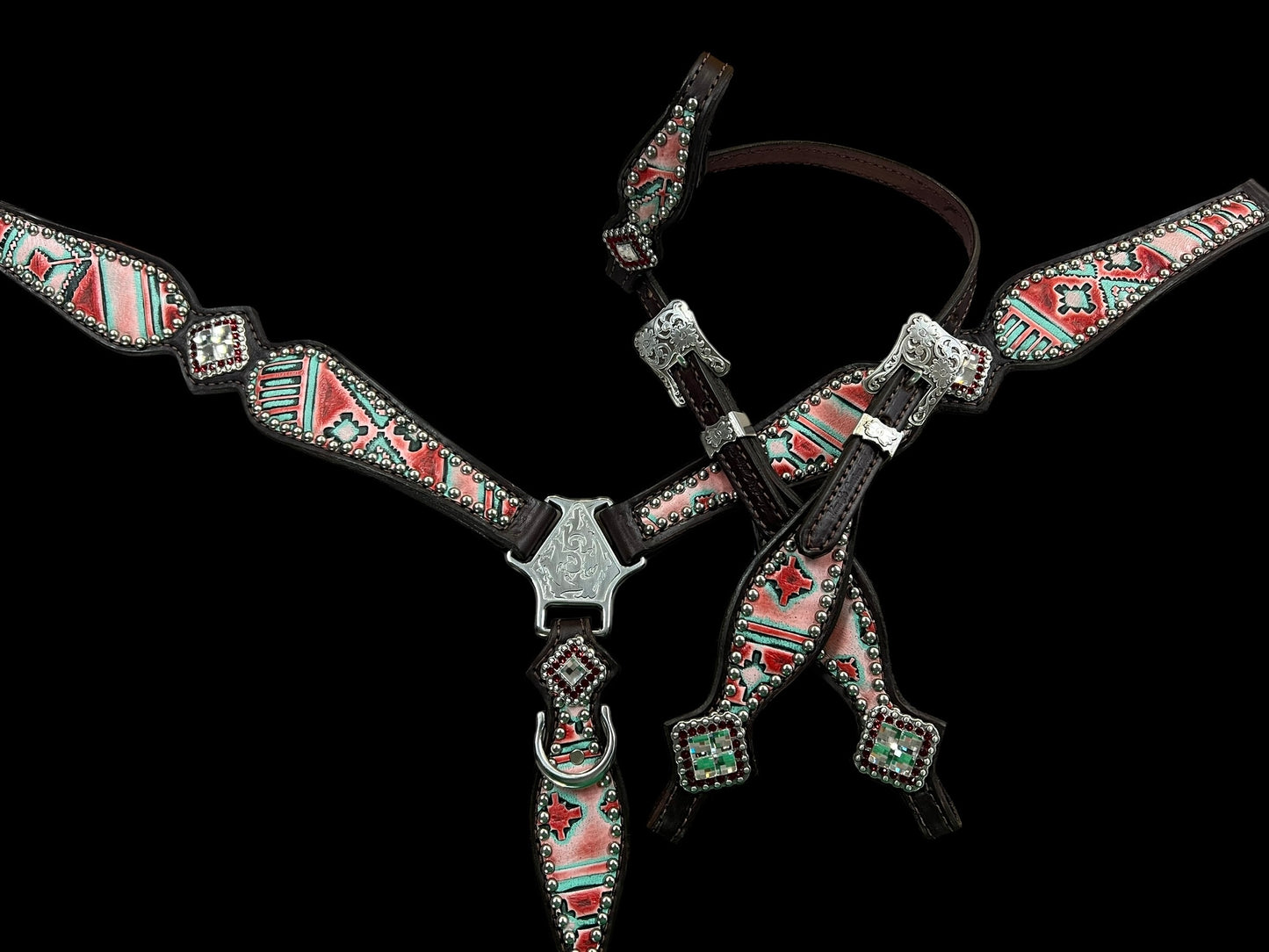 Red and mint navajo on dark leather
