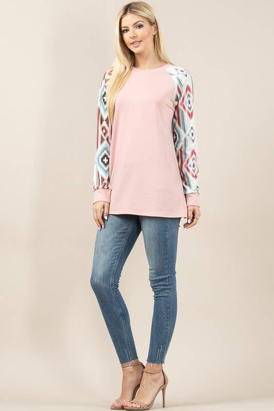 MARA AZTEC PRINT COLOR BLOCK RAGLAN TOP