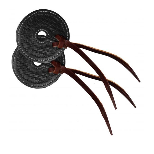 Basket tooled 3" wide leather bit guard with leather strap closure