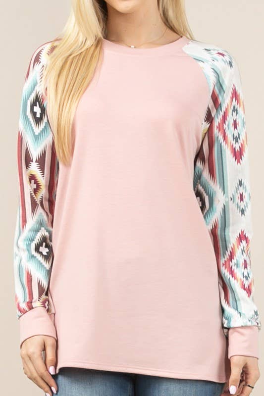 MARA AZTEC PRINT COLOR BLOCK RAGLAN TOP