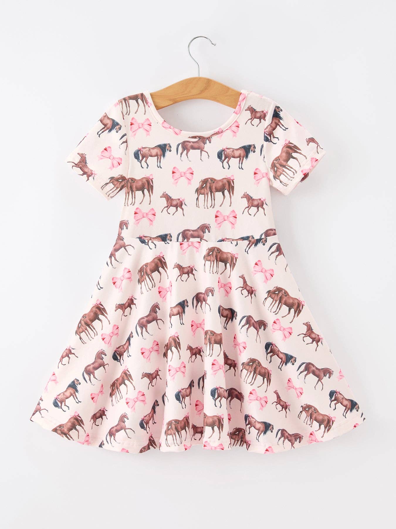 Girls Western Horse Print Twirl Dress Short Sleeve