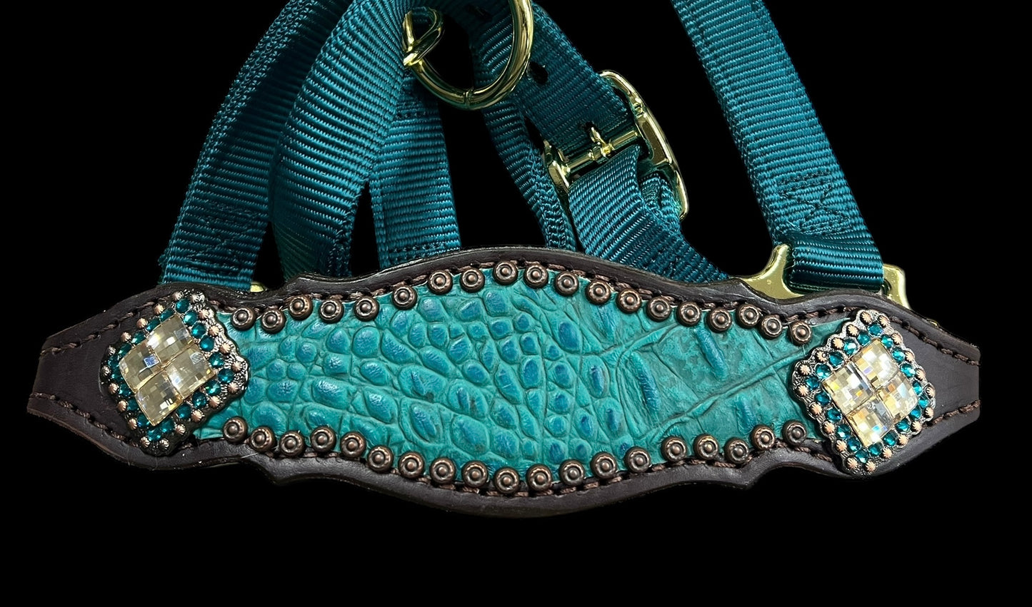 Teal gator on dark leather