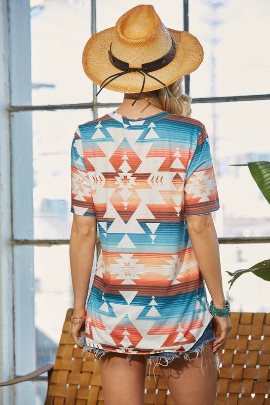 EVERLY AZTEC PRINT RELAXED V NECK TOP