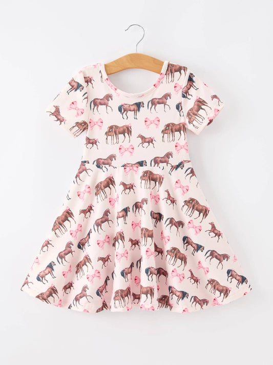 Girls Western Horse Print Twirl Dress Short Sleeve